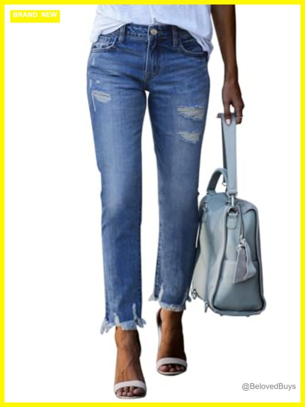 High Waisted Tummy Control Straight Ankle Ripped Jeans Stretch Denim